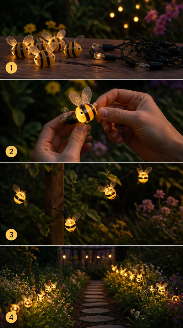 Winzige leuchtende Bienen verwandeln eine einfache Lichterkette in fröhliche handgemachte Dekoration mit einem skurrilen Gartenfeeling.