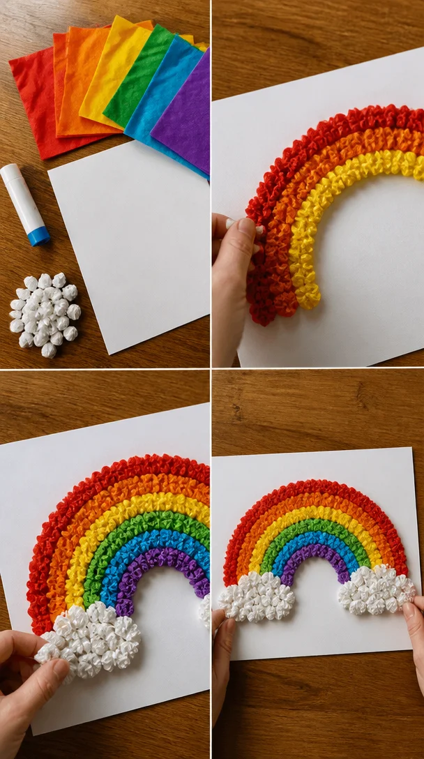Zusammengedrückte Stücke von Serviettenpapier verleihen diesem einfachen Kunstprojekt für Kinder weiche Textur und leuchtende Farbe.