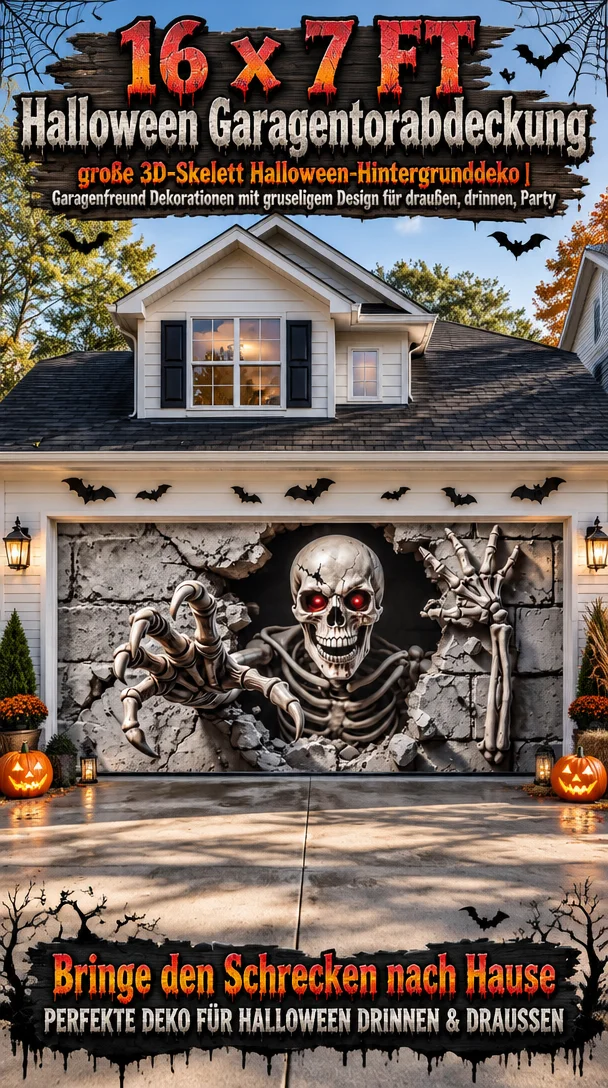 16 x 7 FT Halloween Garagentorabdeckung, große 3D-Skelett Halloween-Hintergrunddeko | Garagenfreund Dekorationen mit gruseligem Design für draußen, drinnen, Party