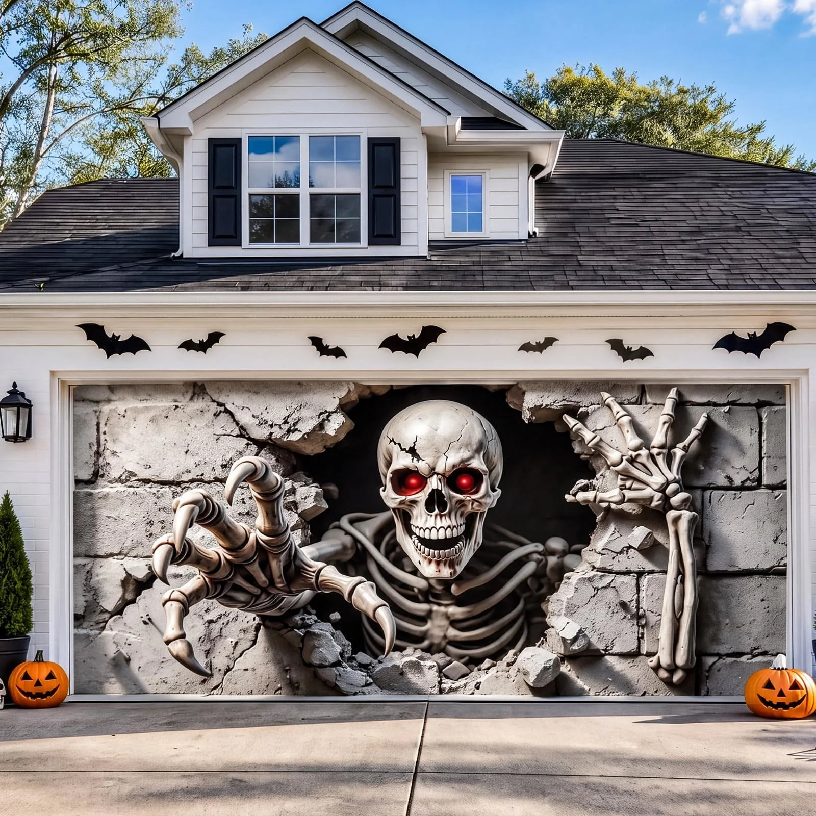 16 x 7 FT Halloween Garagentorabdeckung, große 3D-Skelett Halloween-Hintergrunddeko | Garagenfreund Dekorationen mit gruseligem Design für draußen, drinnen, Party