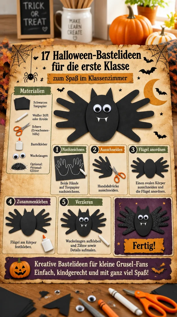 Kreative Halloween-Bastelideen für die erste Klasse im Klassenzimmer.