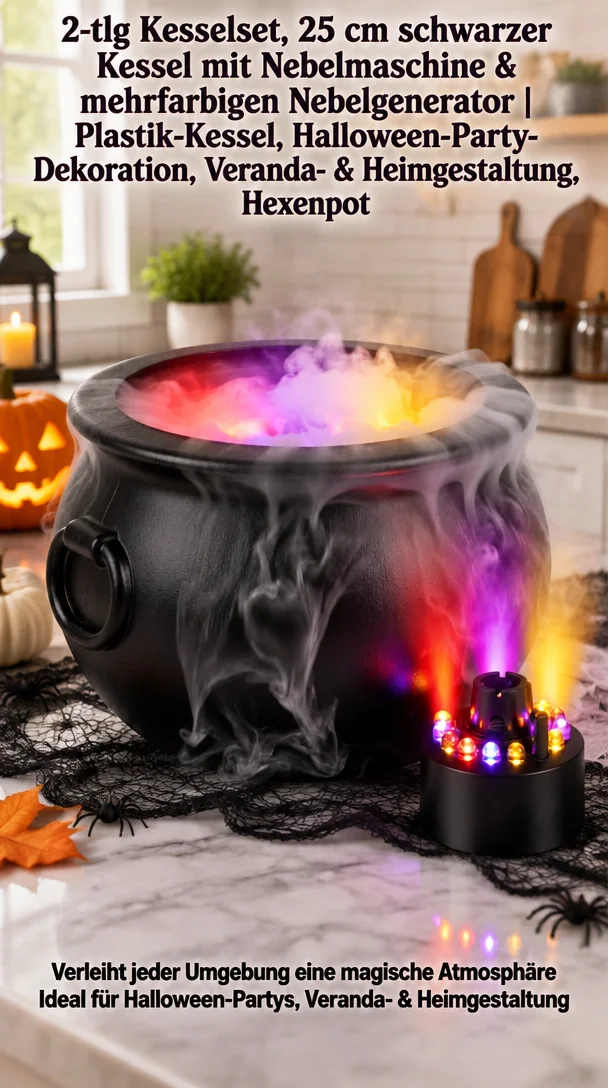 2-tlg Kesselset, 25 cm schwarzer Kessel mit Nebelmaschine & mehrfarbigen Nebelgenerator | Plastik-Kessel, Halloween-Party-Dekoration, Veranda- & Heimgestaltung, Hexenpot