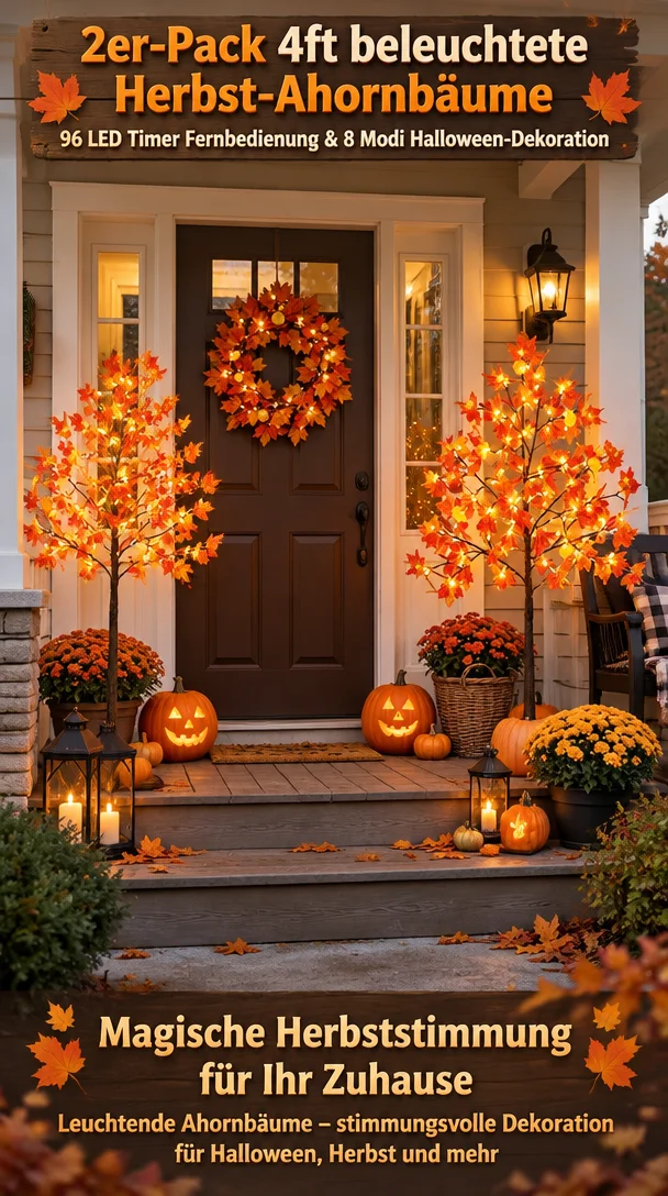 2er-Pack 4ft beleuchtete Herbst-Ahornbäume 96 LED Timer Fernbedienung & 8 Modi Halloween-Dekoration