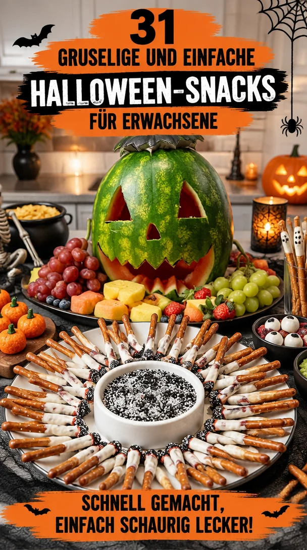Gruselige Halloween-Snacks für Erwachsene auf einem dekorierten Tisch.