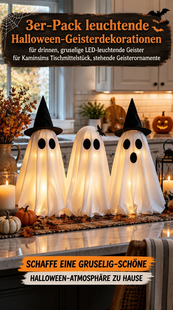 3er-Pack leuchtende Halloween-Geisterdekorationen für Kaminsims und Tischmittelstück.