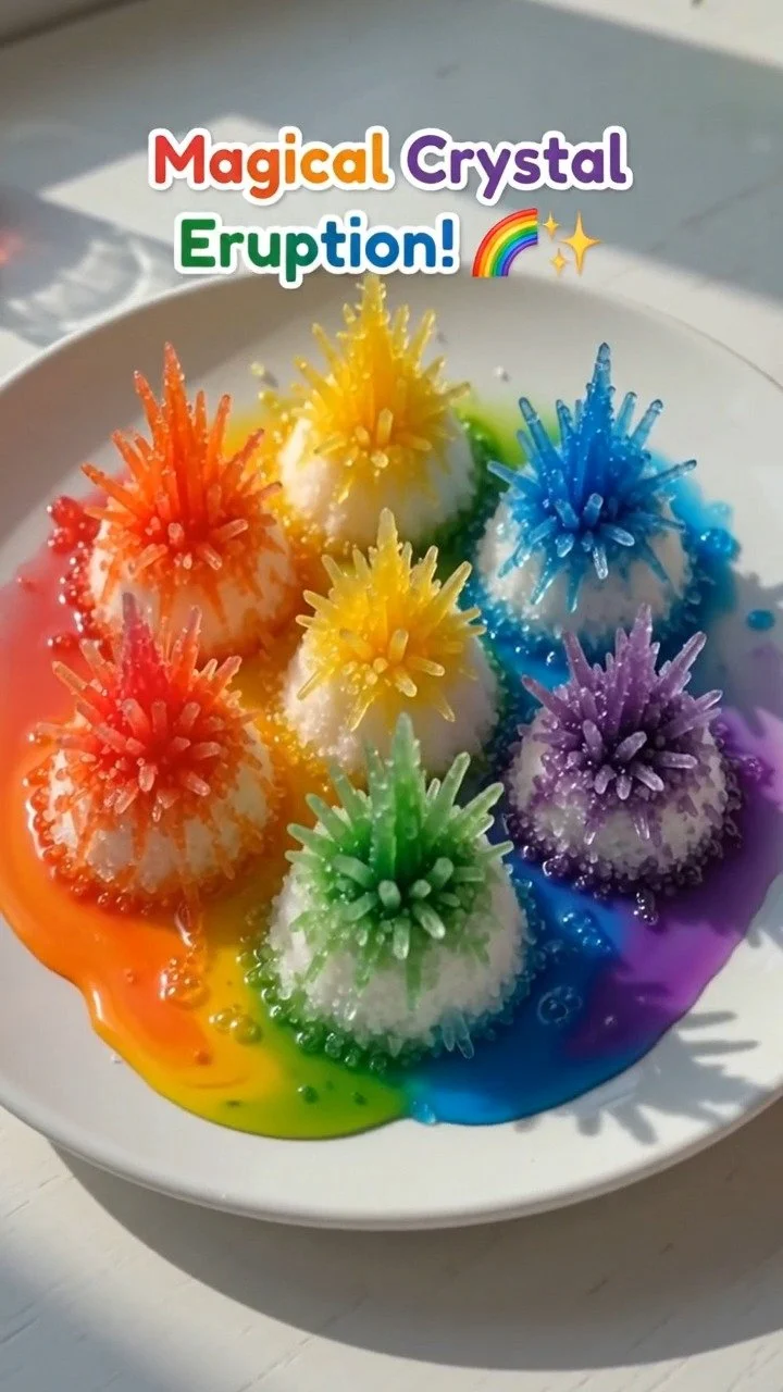 Beobachte, wie farbenfrohe Zuckerkristalle um ein vulkaninspiriertes Design entstehen für ein kreatives Projekt, das Kunst mit einfacher Wissenschaft verbindet. Welche Version würdest du machen?