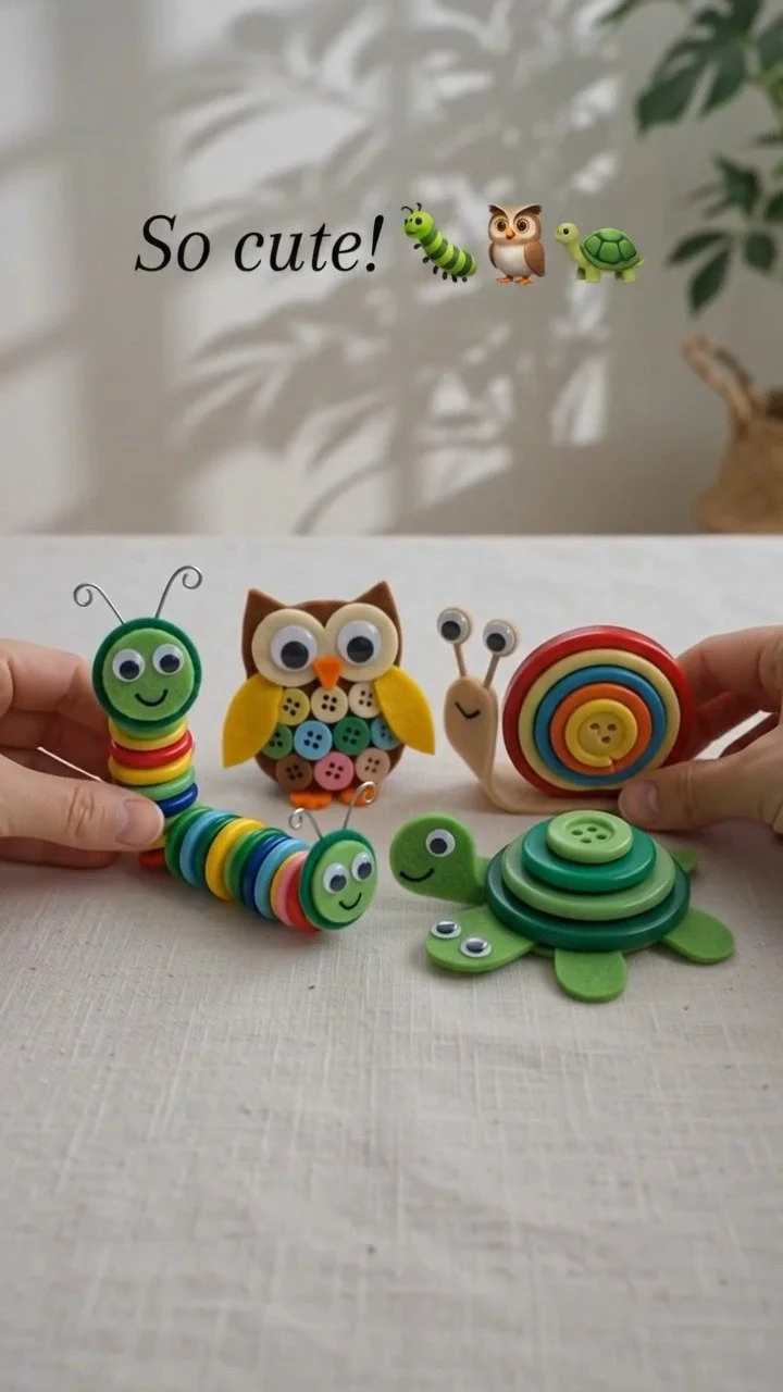 Bunte Knöpfe werden zu charmanten Waldtieren, die Karten, Dekorationen oder Geschenke einen verspielten, handgemachten Touch verleihen.