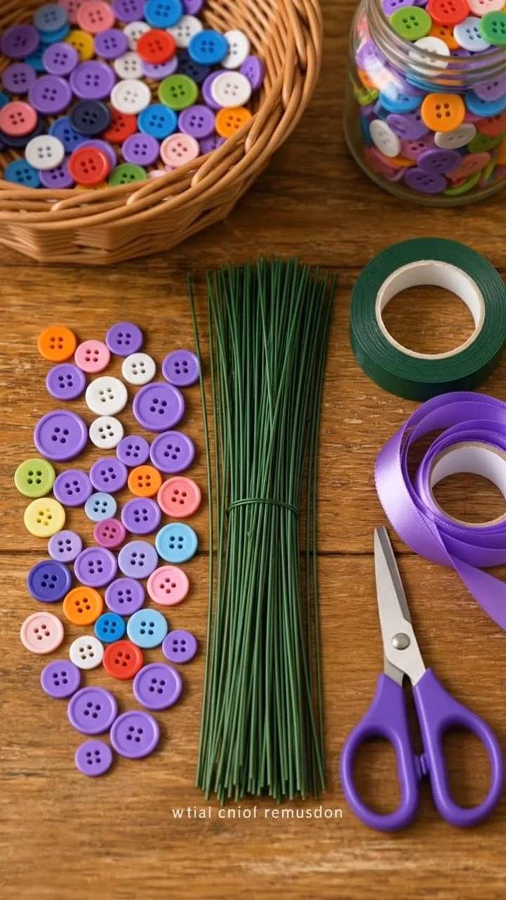 Bunte Knöpfe werden zu einem fröhlichen Lavendelstrauß, wenn sie auf Blumendraht aufgefädelt, mit grünem Tape umwickelt und mit einem lila Band verziert werden.