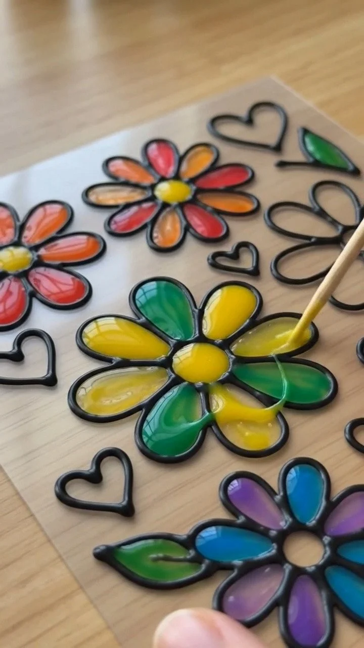 Buntglas-Klebe-Fensterkunst verwandelt einfaches Klebe in lebendige durchscheinende Kunstwerke, die im Licht wunderschön strahlen ✨ Speichern Sie dieses Projekt! #Buntglas #Kleberhandwerk #Kinderkunst #KreativeKinder #DIYDec...