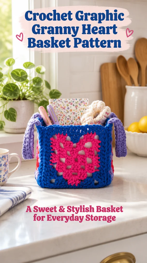Crochet basket featuring a graphic granny heart pattern, showcasing vibrant colors.