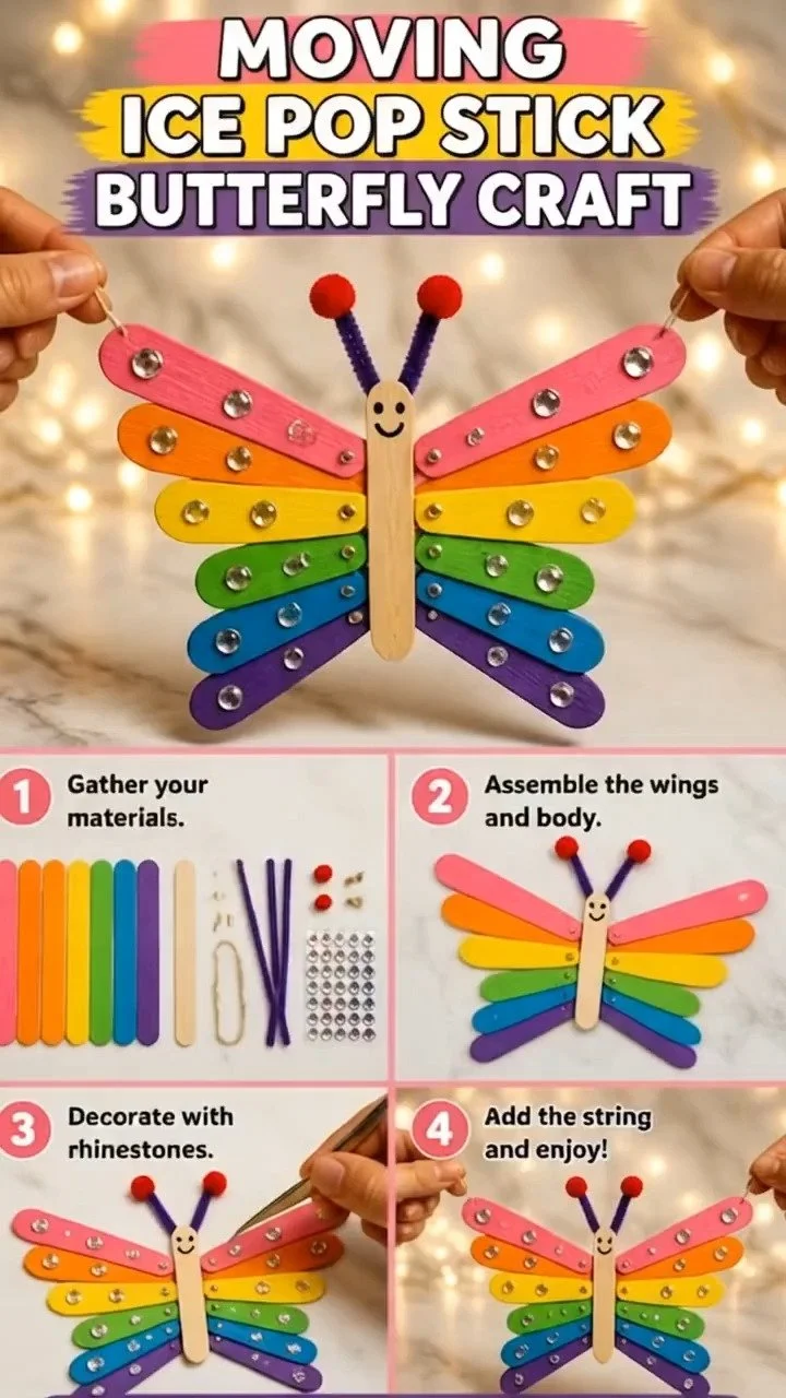 Ein Eisstiel-Mechanismus erweckt diesen Schmetterling mit sanft beweglichen Flügeln zum Leben für ein verspieltes handgemachtes Projekt. Merke dir diese Idee für später.