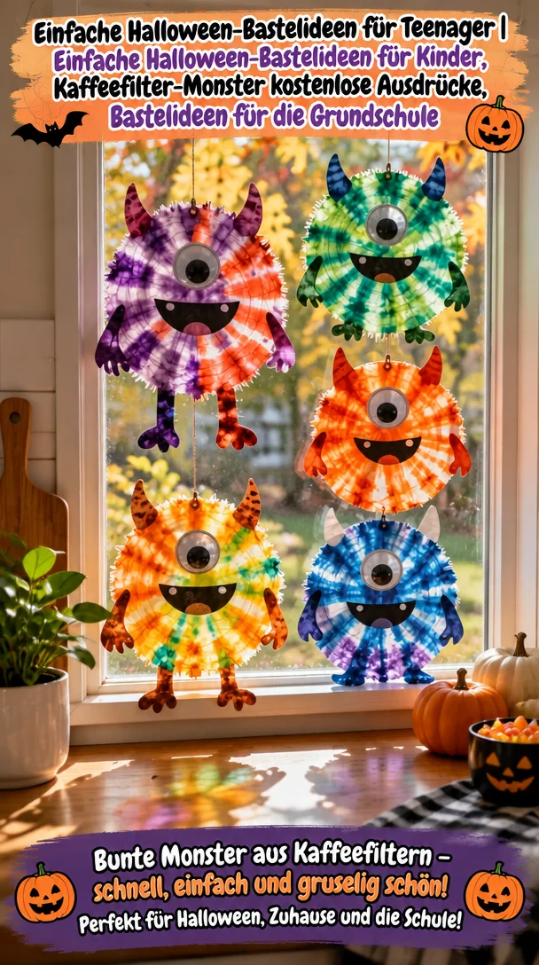 Einfache Halloween-Bastelideen für Teenager | Einfache Halloween-Bastelideen für Kinder, Kaffeefilter-Monster kostenlose Ausdrücke, Bastelideen für die Grundschule
