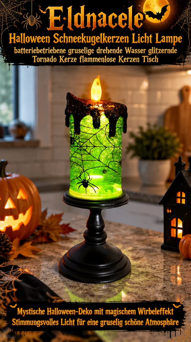 Eldnacele Halloween Schneekugelkerzen Licht Lampe, batteriebetriebene gruselige drehende Wasser glitzernde Tornado Kerze flammenlose Kerzen Tisch
