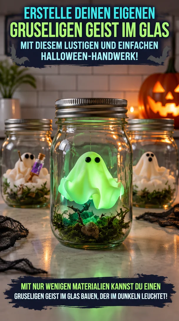 Erstelle deinen eigenen gruseligen Geist im Glas mit diesem lustigen und einfachen Halloween-Handwerk! Mit nur wenigen Materialien kannst du einen G… | Geisterparty-Bastelprojekte für Kinder, Mache Geister im Glas, Halloween-Projekte für Kinder mit Lichtern.