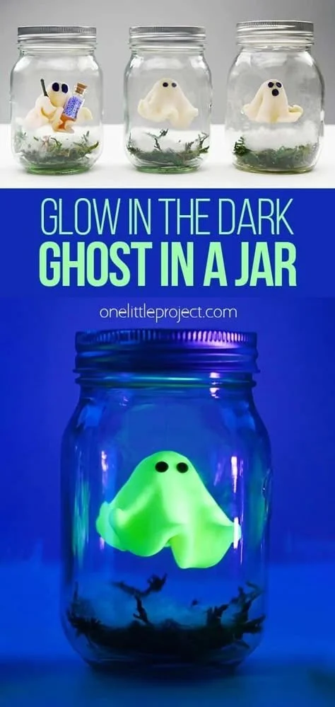 Erstelle deinen eigenen gruseligen Geist im Glas mit diesem lustigen und einfachen Halloween-Handwerk! Mit nur wenigen Materialien kannst du einen G… | Geisterparty-Bastelprojekte für Kinder, Mache Geister im Glas, Halloween-Projekte für Kinder mit Lichtern.