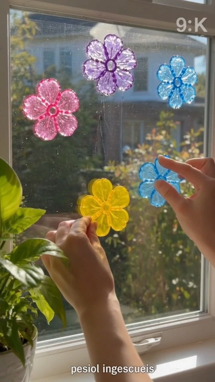 Farbige Schulkleber trocknet zu hellen, durchsichtigen Blumen, die sich leicht von Pergamentpapier abziehen lassen und jedem Fenster einen verspielten, gartenähnlichen Look verleihen. Halte diese Idee für später fest.