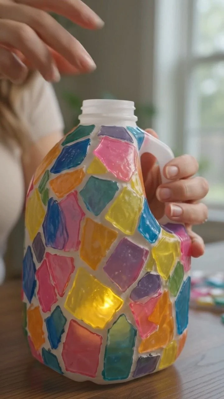 Geben Sie einem Plastikbehälter ein zweites Leben, indem Sie ihn in eine Mosaiklaterne mit bunten Stückchen verwandeln, die beim Beleuchten wunderschön leuchten.