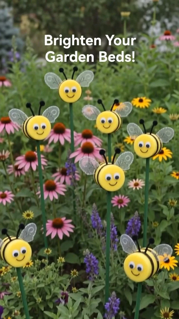 Gelbe Poolnudelscheiben werden fröhliche Bumblebee-Gartenstecker mit gestreiftem Band, Netzflügeln und verspielten wackelnden Augen. Ein spaßiges Projekt, das du dieses Wochenende ausprobieren kannst.