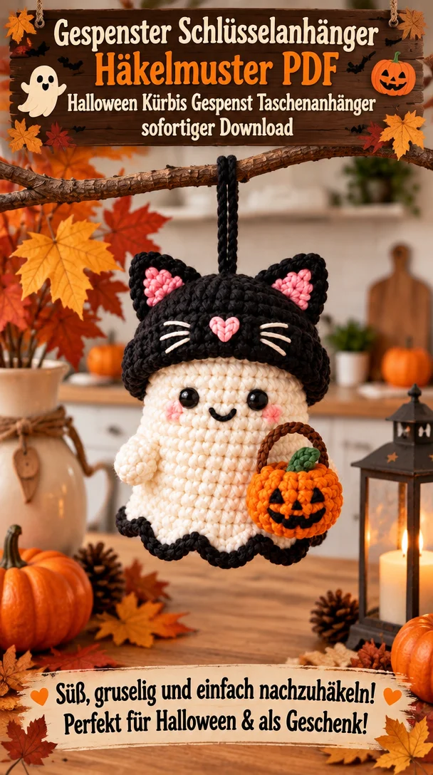 Gespenster Schlüsselanhänger Häkelmuster PDF, Halloween Kürbis Gespenst Taschenanhänger sofortiger Download