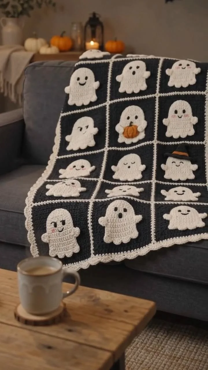 Gespensterdecke Häkelmuster | Halloween Granny-Square-Decke mit süßen spukigen Gespenstern