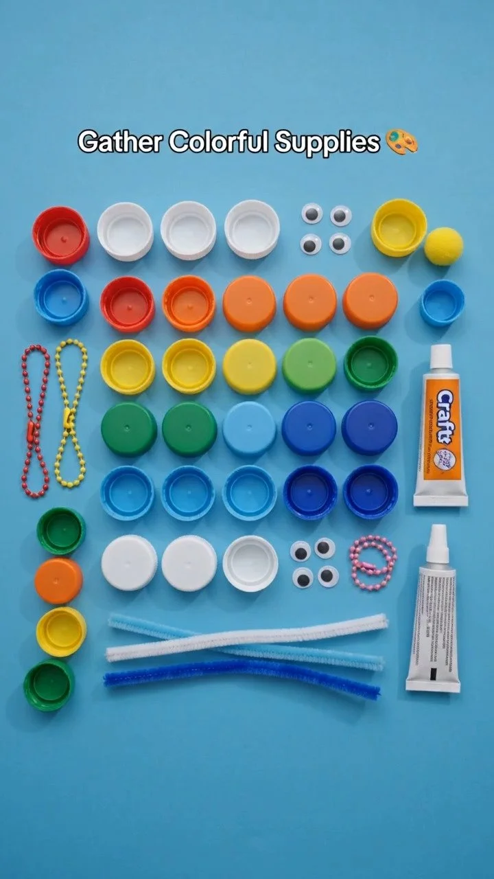 Gestalte verspielte Flaschenverschluss-Schlüsselanhänger, die Kinder mit Farben und einfachen Dekorationen für täglichen Spaß personalisieren können. Perfekt für deinen nächsten Basteltag.