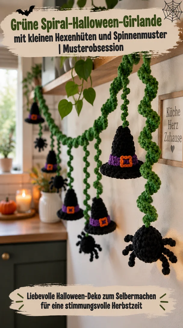 Grüne Spiral-Halloween-Girlande mit kleinen Hexenhüten und Spinnenmuster | Musterobsession