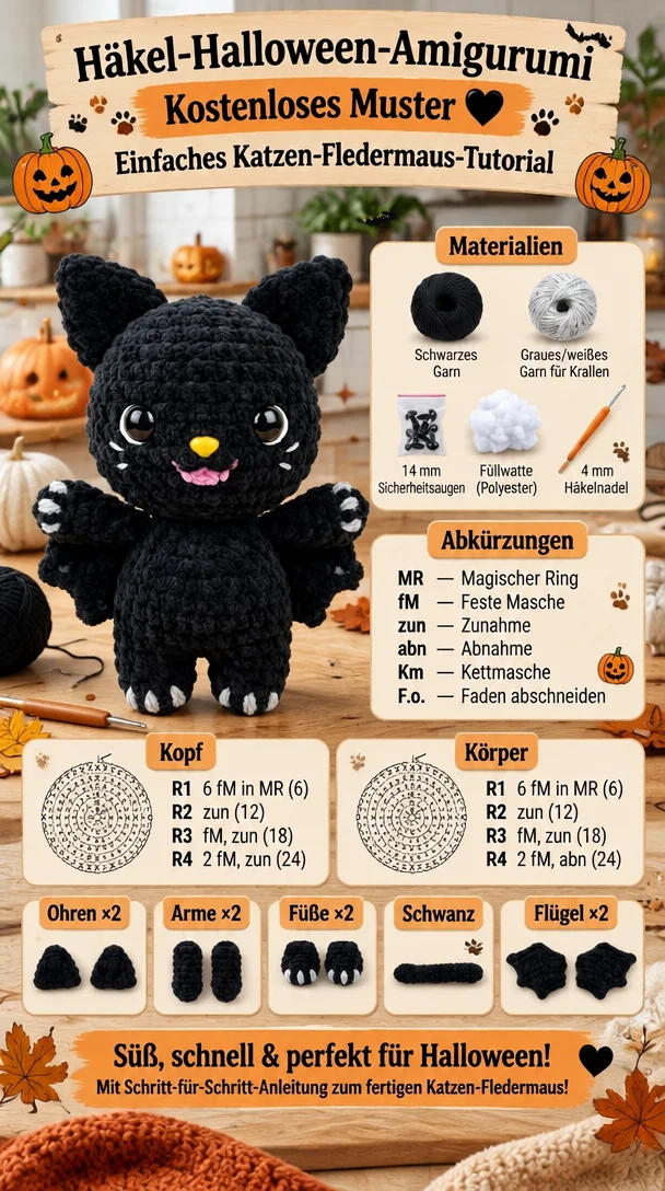 H&auml;kel-Halloween-Amigurumi Kostenloses Muster 🖤 Einfaches Katzen-Fledermaus-Tutorial