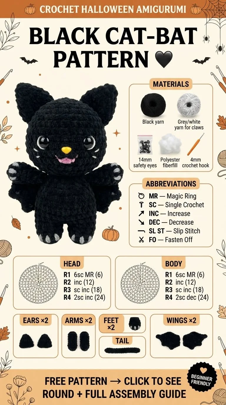 Häkel-Halloween-Amigurumi Kostenloses Muster 🖤 Einfaches Katzen-Fledermaus-Tutorial