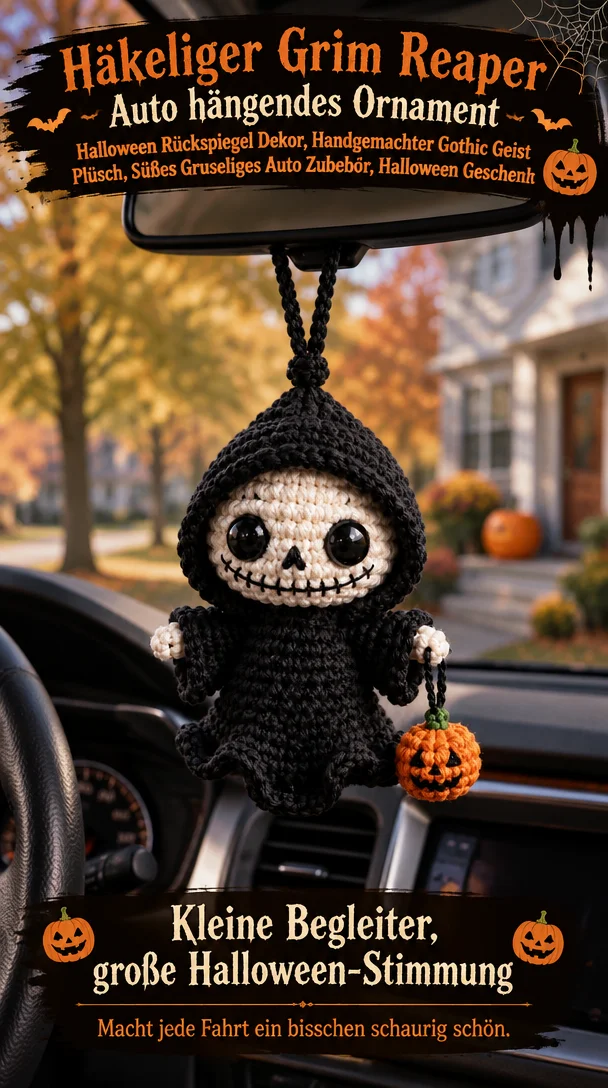 Häkeliger Grim Reaper Auto hängendes Ornament, Halloween Rückspiegel Dekor, Handgemachter Gothic Geist Plüsch, Süßes Gruseliges Auto Zubehör, Halloween Geschenk