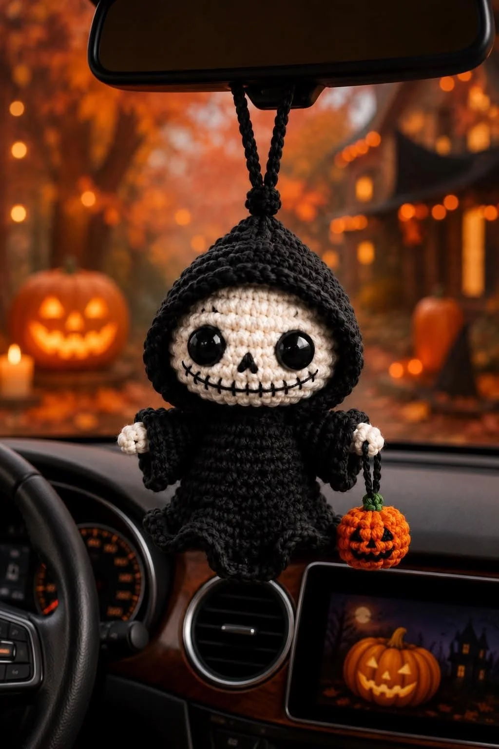 Häkeliger Grim Reaper Auto hängendes Ornament, Halloween Rückspiegel Dekor, Handgemachter Gothic Geist Plüsch, Süßes Gruseliges Auto Zubehör, Halloween Geschenk