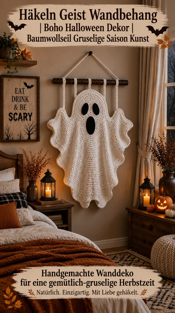 Häkeln Geist Wandbehang | Boho Halloween Dekor | Baumwollseil Gruselige Saison Kunst