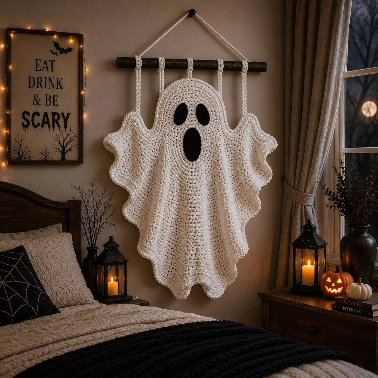 Häkeln Geist Wandbehang | Boho Halloween Dekor | Baumwollseil Gruselige Saison Kunst