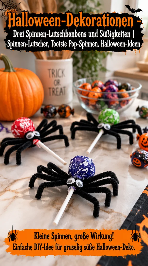 Halloween-Dekorationen - Drei Spinnen-Lutschbonbons und S&uuml;&szlig;igkeiten | Spinnen-Lutscher, Tootsie Pop-Spinnen, Halloween-Ideen