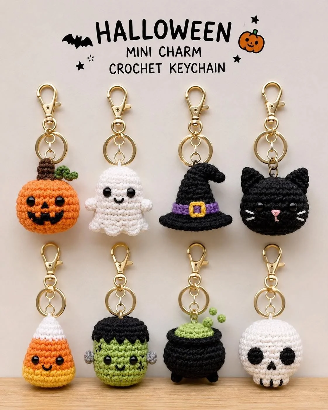 Halloween Häkel-Schlüsselanhänger Schnittmuster, Mini Amigurumi Charm Muster, Kürbis Geist Hexe Katze Totenkopf Häkelmuster, Halloween PDF Schnittmuster