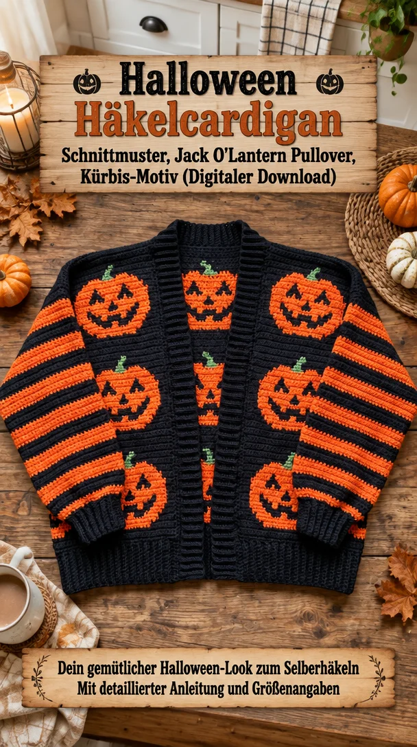 Halloween Häkelcardigan Schnittmuster, Jack O’Lantern Pullover, Kürbis-Motiv (Digitaler Download)
