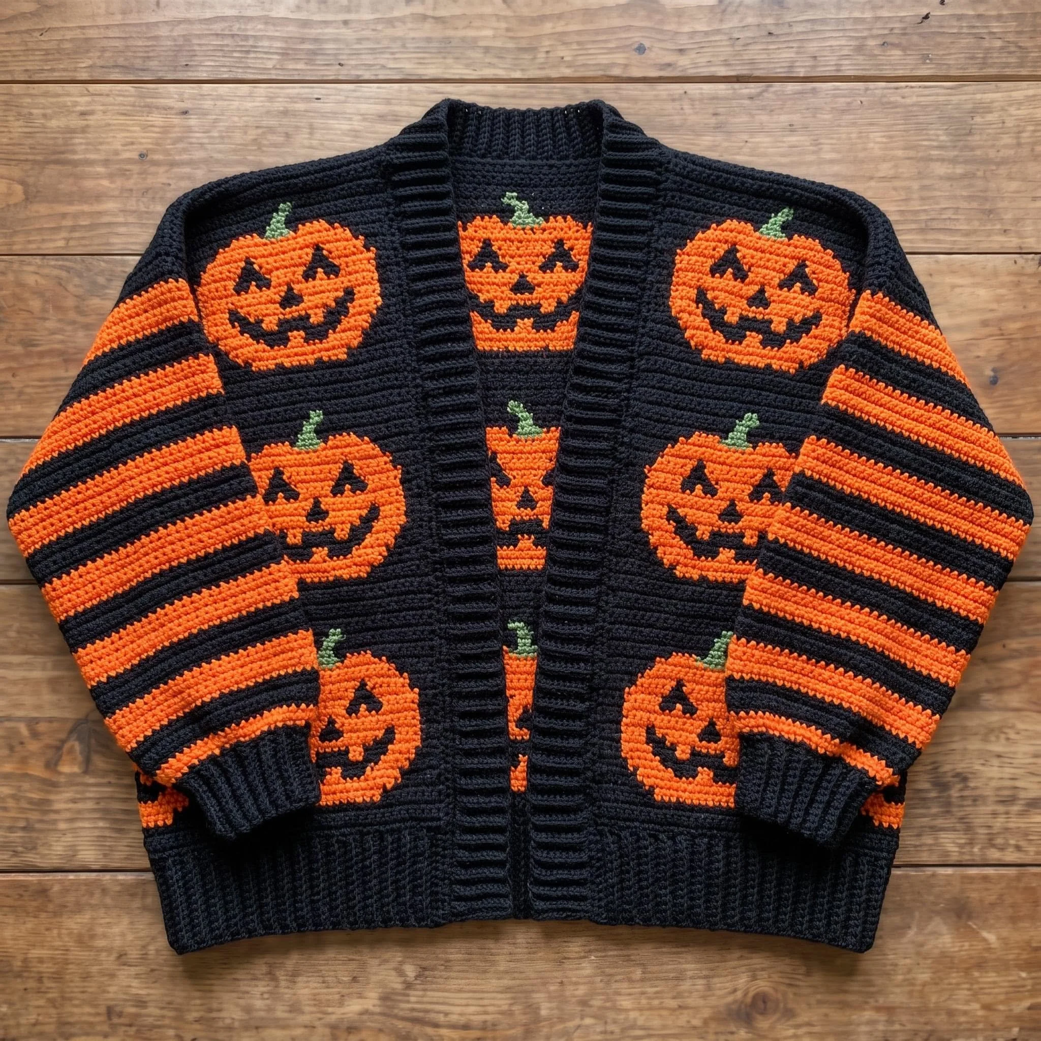 Halloween Häkelcardigan Schnittmuster, Jack O'Lantern Pullover, Kürbis-Motiv (Digitaler Download)