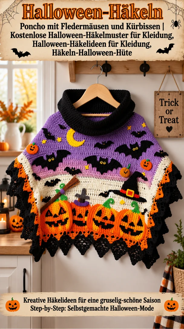 Halloween-Häkeln Poncho mit Fledermäusen und Kürbissen | Kostenlose Halloween-Häkelmuster für Kleidung, Halloween-Häkelideen für Kleidung, Häkeln-Halloween-Hüte