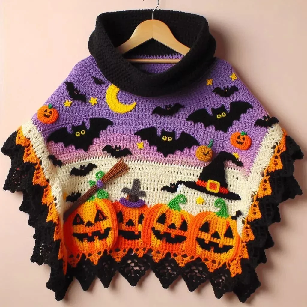 Halloween-Häkeln Poncho mit Fledermäusen und Kürbissen | Kostenlose Halloween-Häkelmuster für Kleidung, Halloween-Häkelideen für Kleidung, Häkeln-Halloween-Hüte