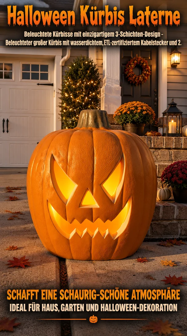 Halloween Kürbis Laterne - Beleuchtete Kürbisse mit einzigartigem 3-Schichten-Design - Beleuchteter großer Kürbis mit wasserdichtem, ETL-zertifiziertem Kabelstecker und 2.