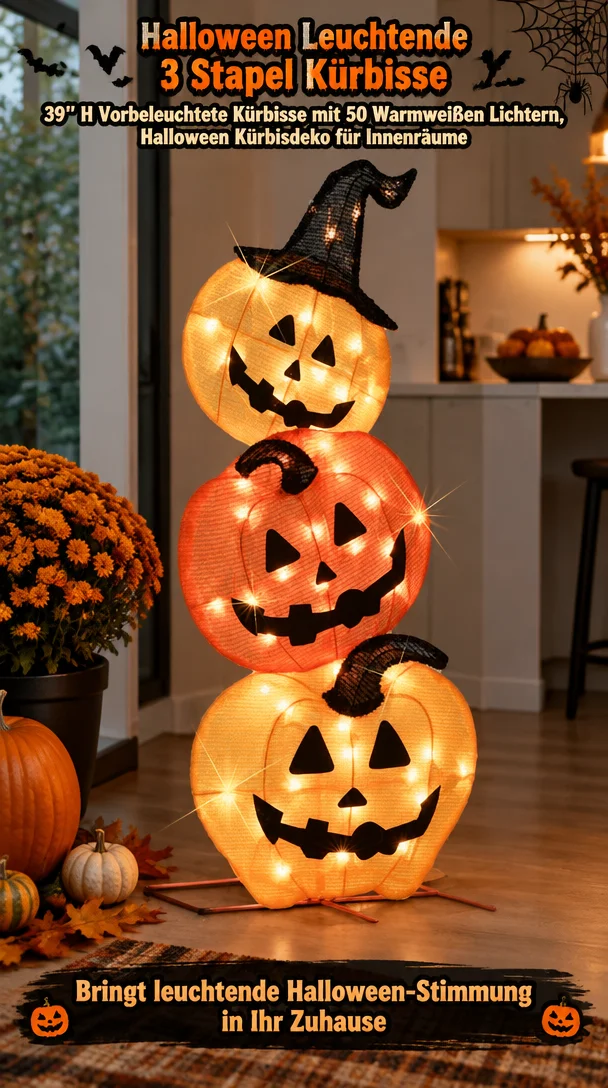 Halloween Leuchtende 3 Stapel Kürbisse, 39” H Vorbeleuchtete Kürbisse mit 50 Warmweißen Lichtern, Halloween Kürbisdeko für Innenräume