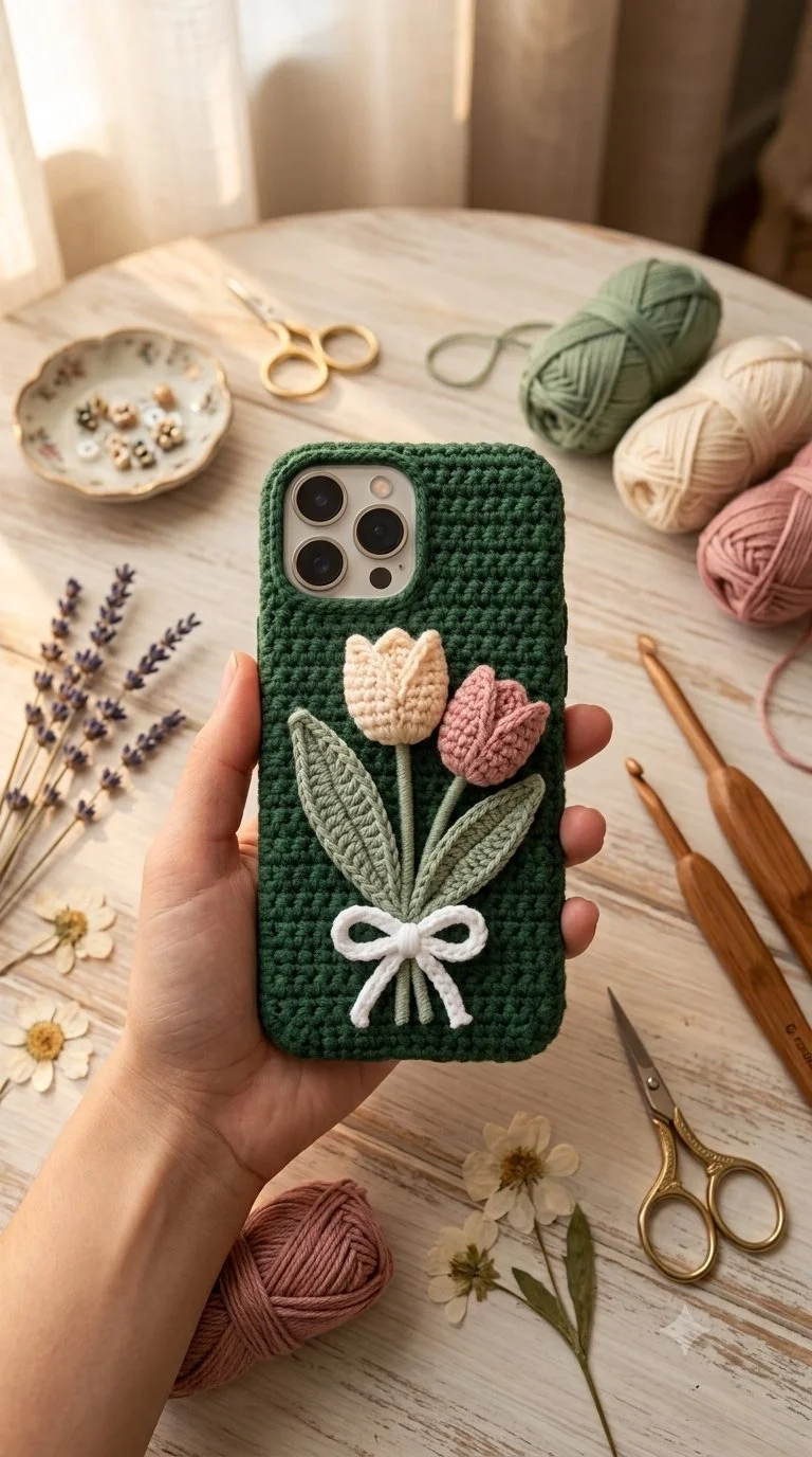 Handgefertigte gehäkelte Blumen-iPhone-Hülle in einem Flat-Lay-Workshop