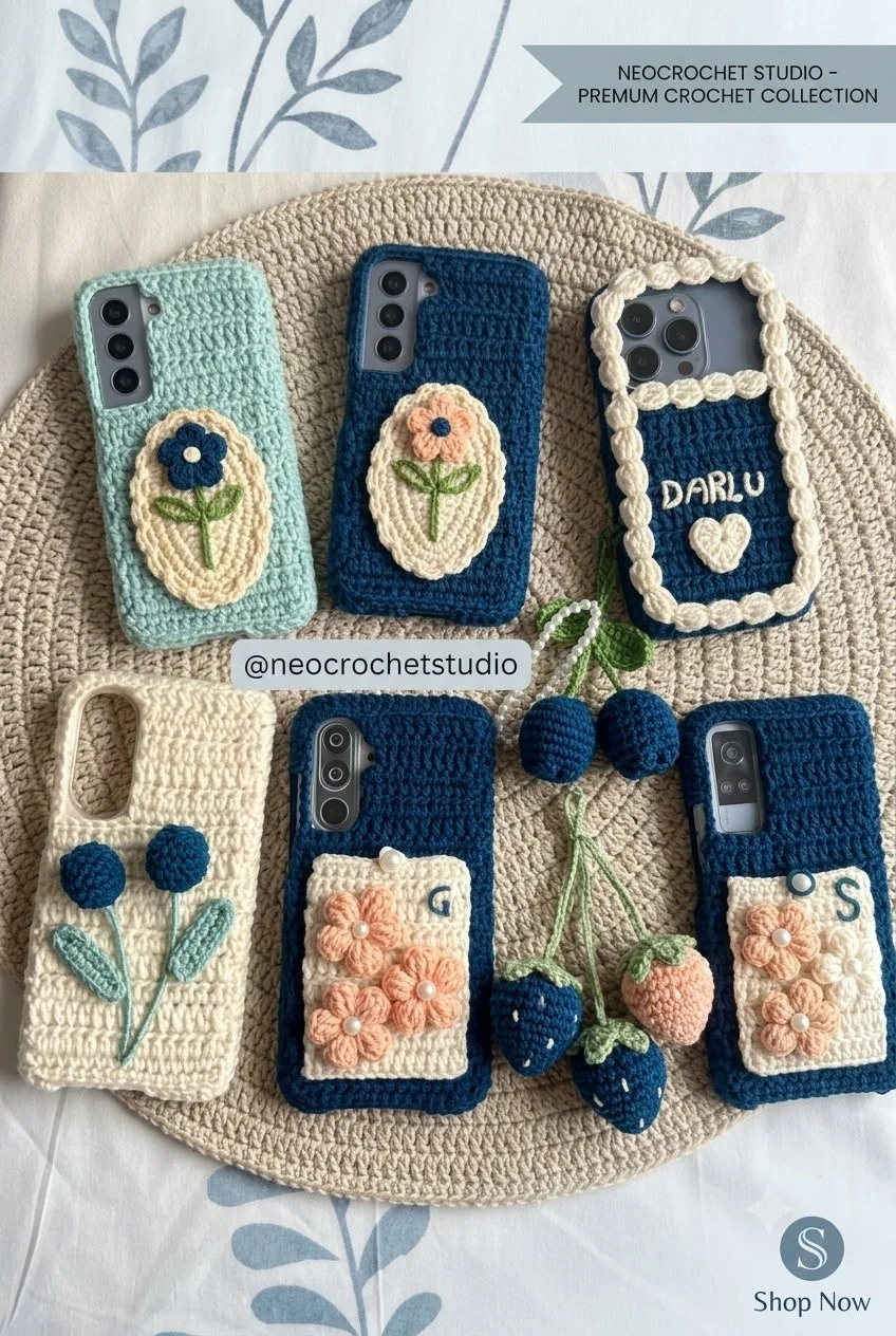 Handgefertigte gehäkelte Handyhüllen | Ästhetische Blumen- und Obstdesigns