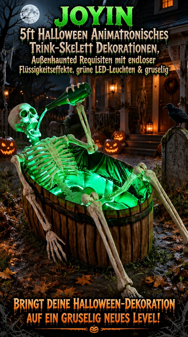 JOYIN 5ft Halloween Animatronisches Trink-Skelett Dekorationen, Außenhaunted Requisiten mit endloser Flüssigkeitseffekte, grüne LED-Leuchten & gruselig