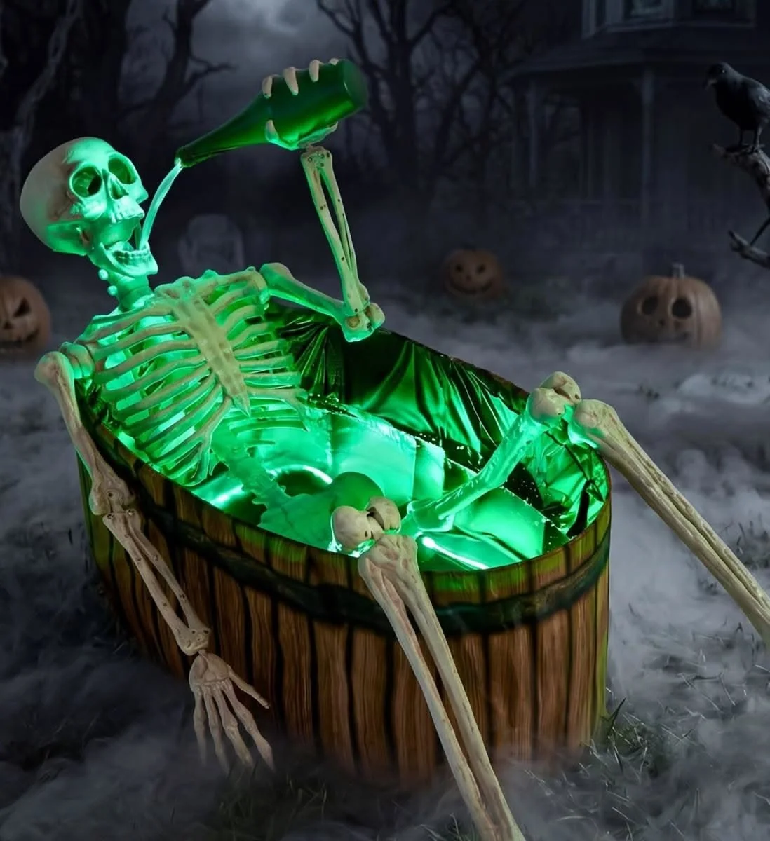 JOYIN 5ft Halloween Animatronisches Trink-Skelett Dekorationen, Außenhaunted Requisiten mit endloser Flüssigkeitseffekte, grüne LED-Leuchten & gruselig