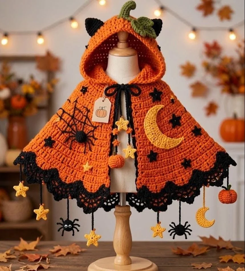 Kürbis Halloween Häkel Poncho Muster, Kinder Kapuze Umhang PDF, Spinnennetz Spitze, Mond Sterne Kürbis Kostüm, Digitales Häkelmuster