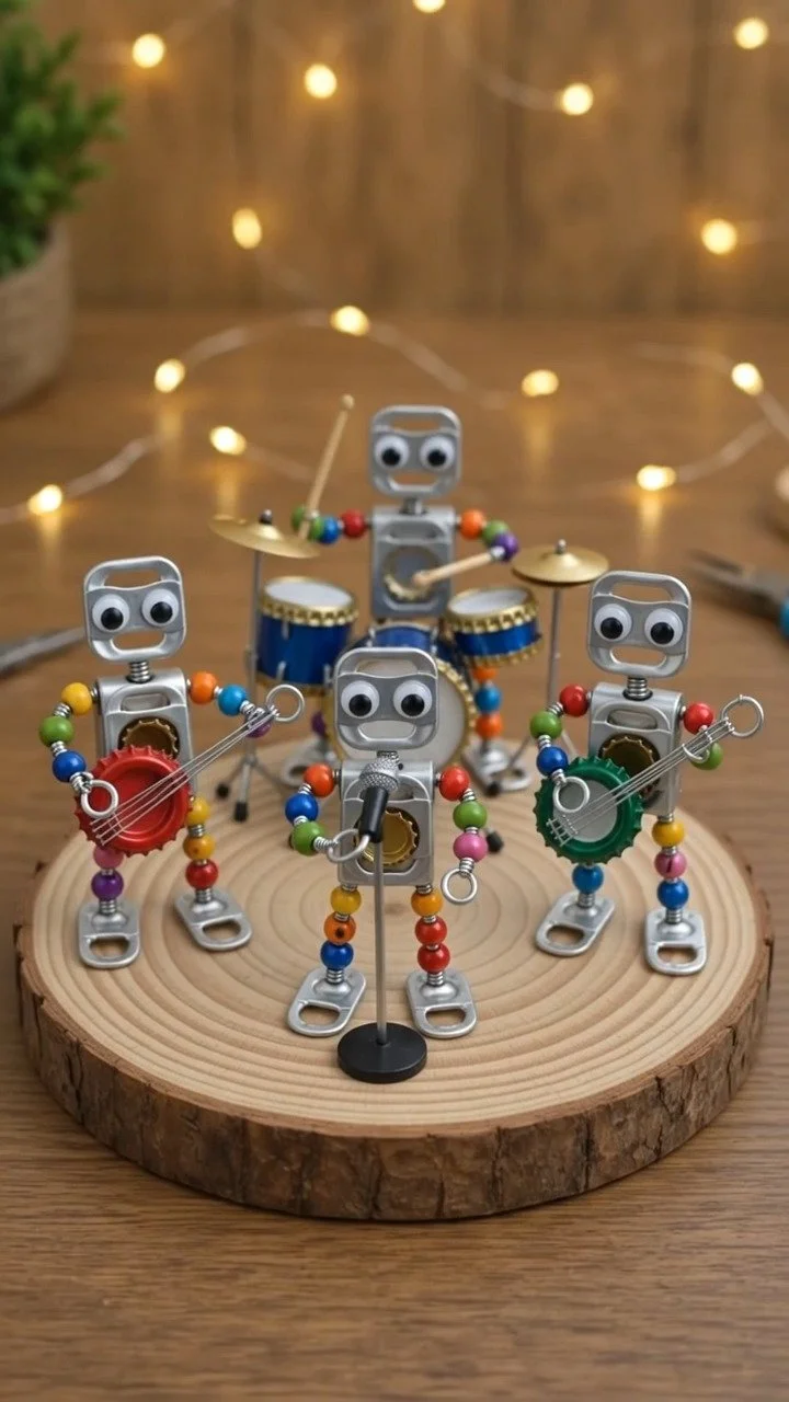 Mini-Handmade-Roboter bilden eine verspielte kleine Band mit kreativen Details, die jedem Charakter viel Persönlichkeit verleihen. Welche Version würdest du machen?