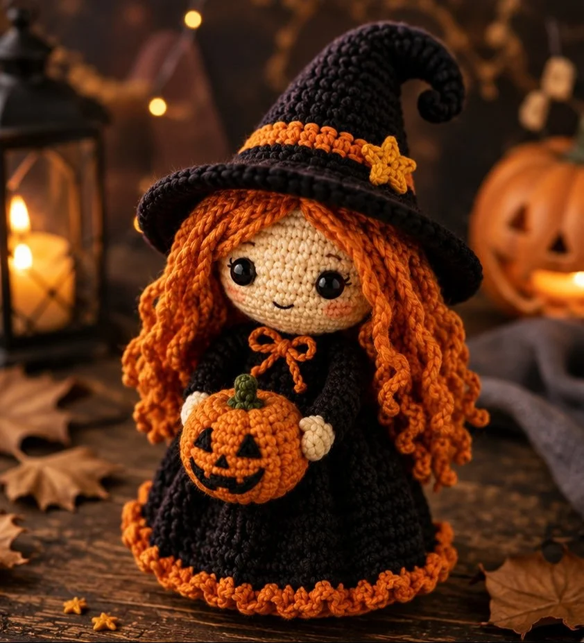 Niedliche Häkelhexe mit Kürbiskorb, Halloween Amigurumi Figur