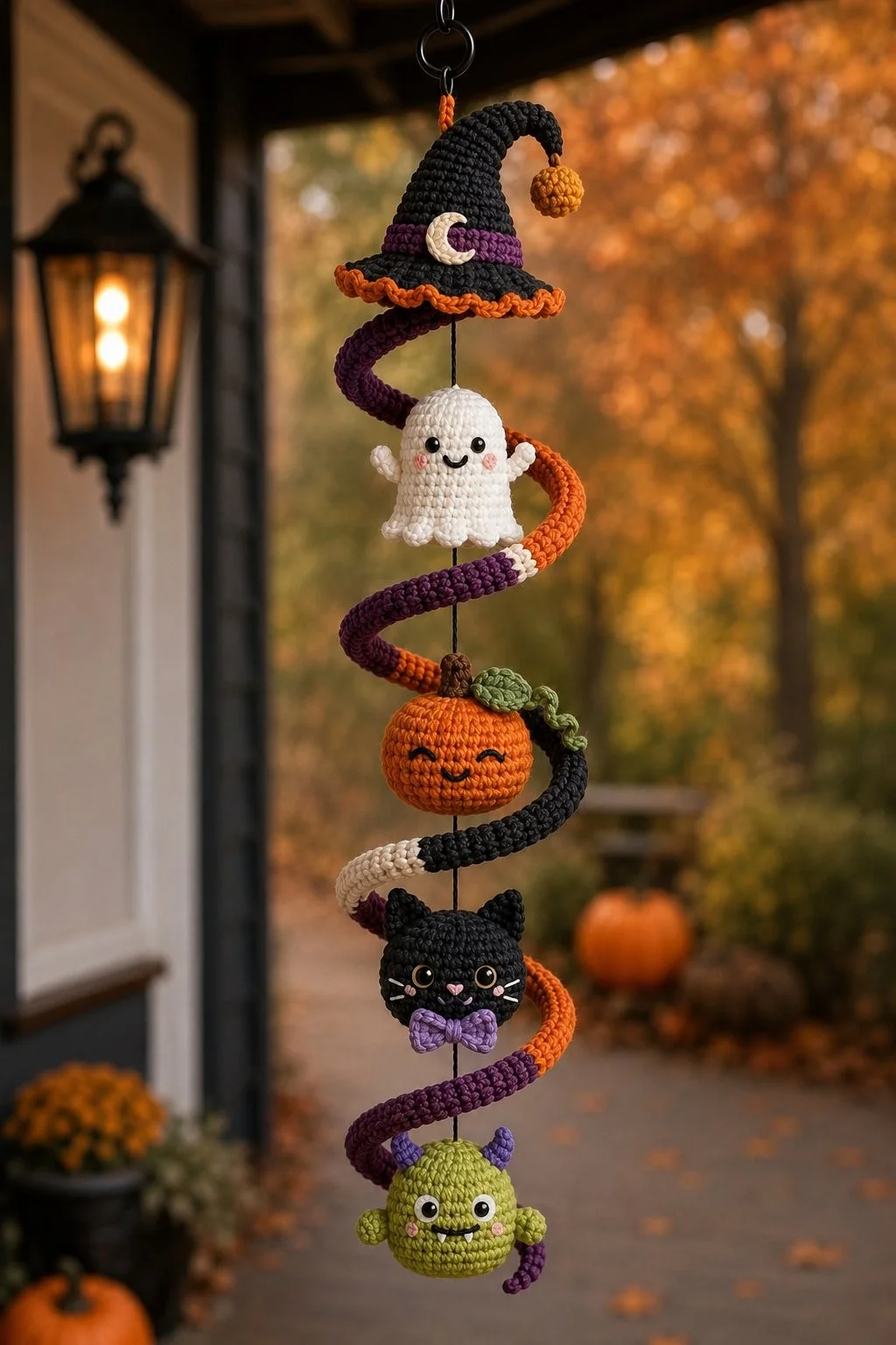 Niedliches Halloween-Häkelhänge-Muster | Geist, Kürbis, Katze & Monster-Spiraldeko