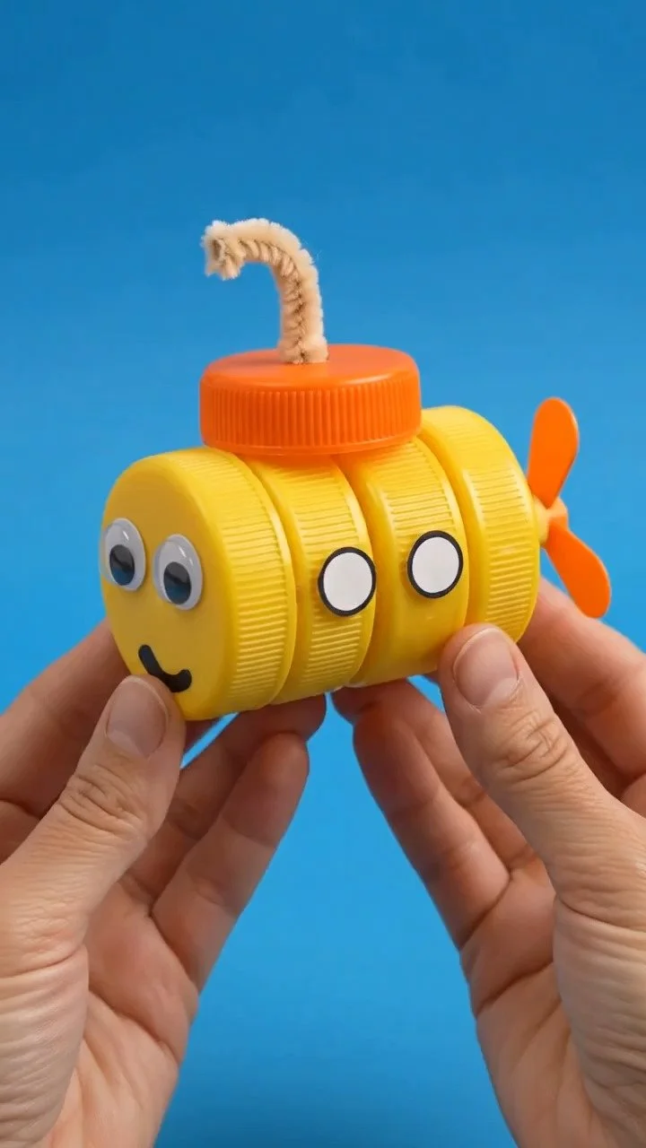 Plastikflaschenverschlüsse werden zu fantasievollen Kreationen, die Kinder ermutigen, Farben, Formen und kreatives Basteln zu erkunden.