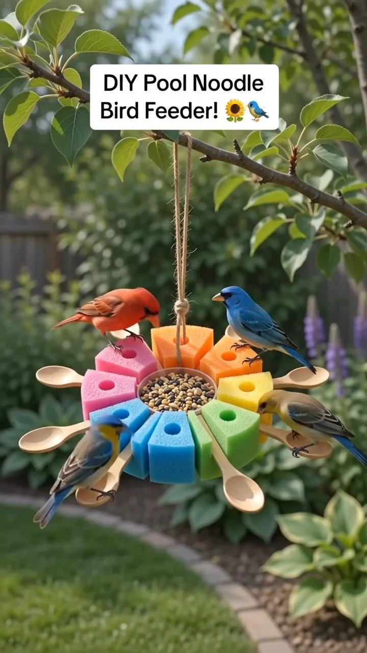 Pool-Nudel-Blumen machen einen bunten Vogelfutterspender, der einen spaßigen handgemachten Akzent im Garten setzt und gefiederte Besucher willkommen heißt.